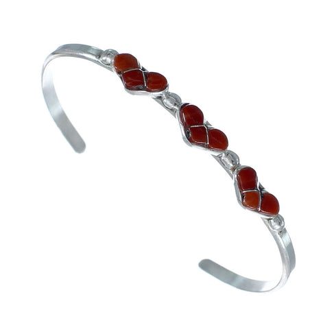 Sterling Silver Coral Zuni Heart Inlay Baby Cuff Bracelet JX130697